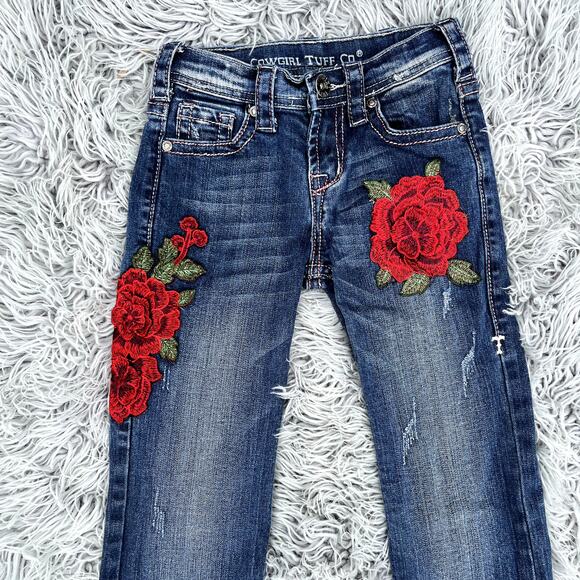 Kids Denim Jeans with Red Floral Embroidery - Picture 3 of 13